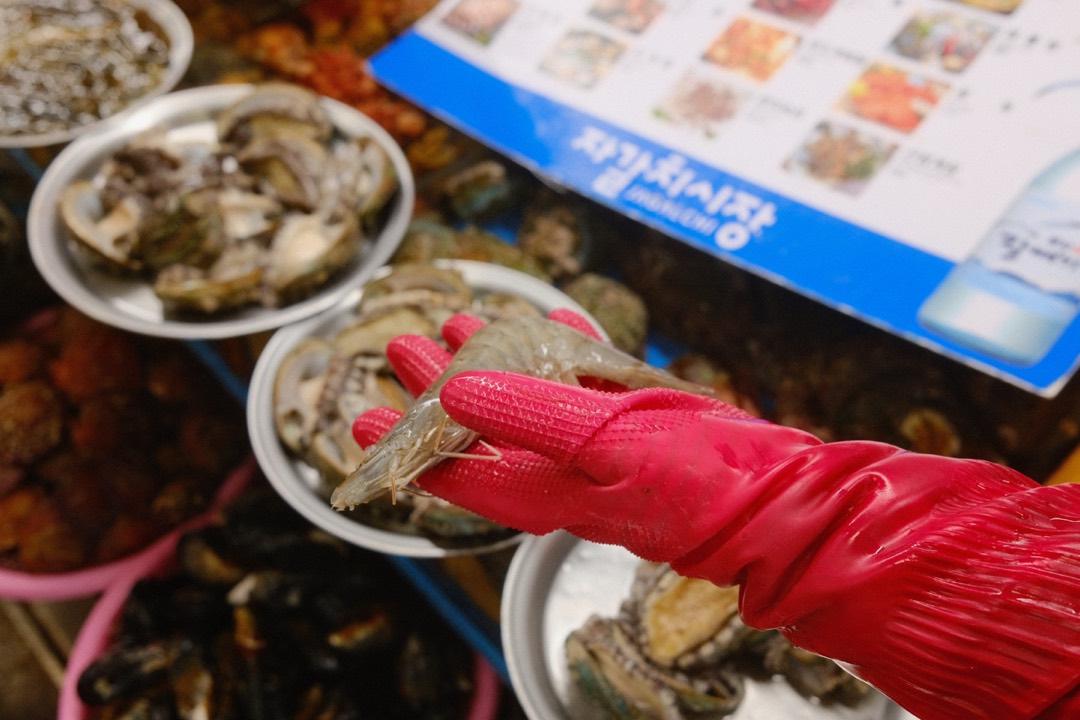 Hand in rotem Handschuh über Meeresfrüchten am Fischmarkt