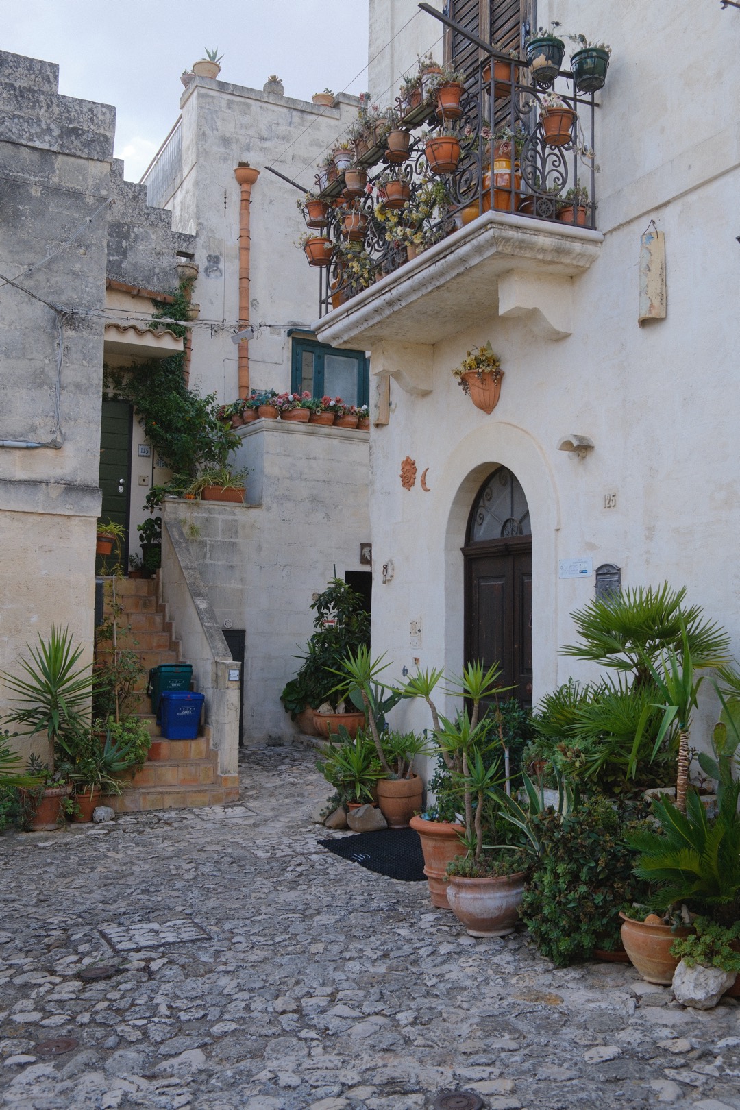 Gasse mit Pflanzen und Steintür
